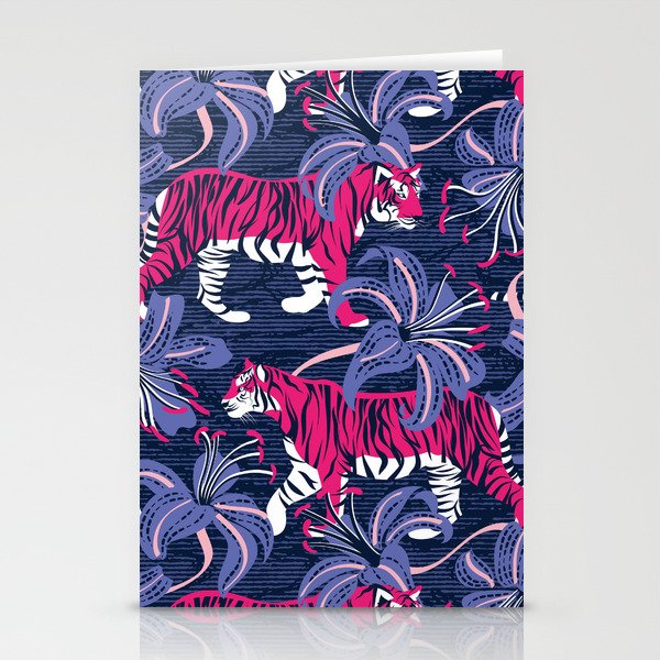 Tigers in a tiger lily garden // textured navy blue background fuchsia pink wild animals very peri flowers Stationery Card Gallery Image 2