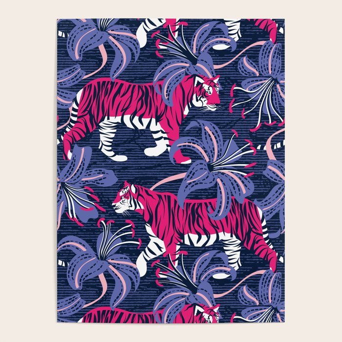 Tigers in a tiger lily garden // textured navy blue background fuchsia pink wild animals very peri flowers Poster Gallery Image 1