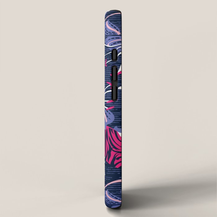 Tigers in a tiger lily garden // textured navy blue background fuchsia pink wild animals very peri flowers iPhone Case Gallery Image 2