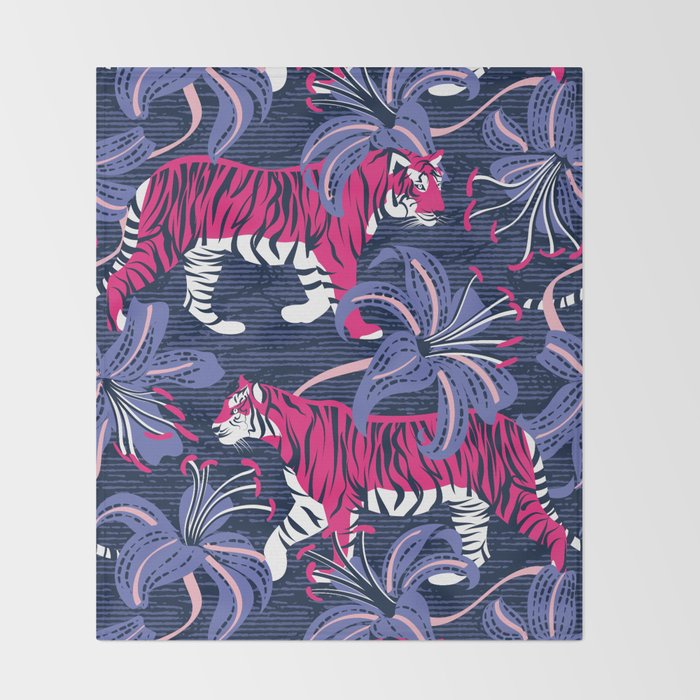 Tigers in a tiger lily garden // textured navy blue background fuchsia pink wild animals very peri flowers Throw Blanket Gallery Image 2