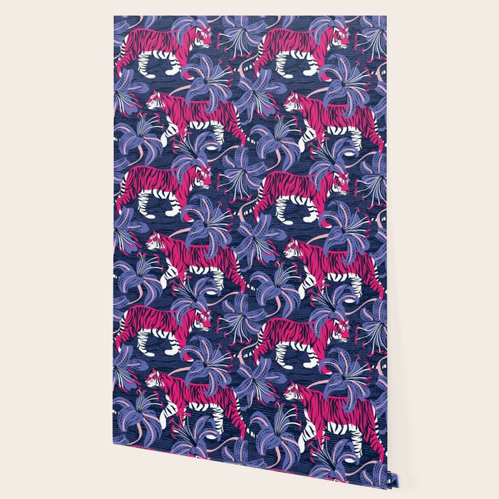 Tigers in a tiger lily garden // textured navy blue background fuchsia pink wild animals very peri flowers Wallpaper Gallery Image 2