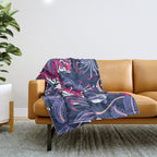 Tigers in a tiger lily garden // textured navy blue background fuchsia pink wild animals very peri flowers Throw Blanket Gallery Image 1