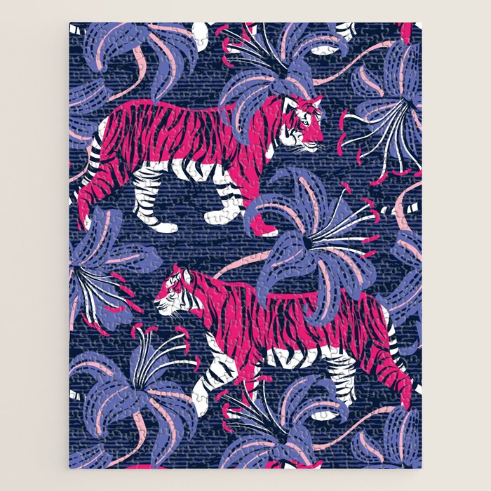 Tigers in a tiger lily garden // textured navy blue background fuchsia pink wild animals very peri flowers Jigsaw Puzzle Gallery Image 1