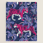 Tigers in a tiger lily garden // textured navy blue background fuchsia pink wild animals very peri flowers Jigsaw Puzzle Gallery Image 1