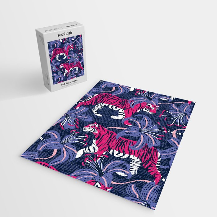 Tigers in a tiger lily garden // textured navy blue background fuchsia pink wild animals very peri flowers Jigsaw Puzzle Gallery Image 2