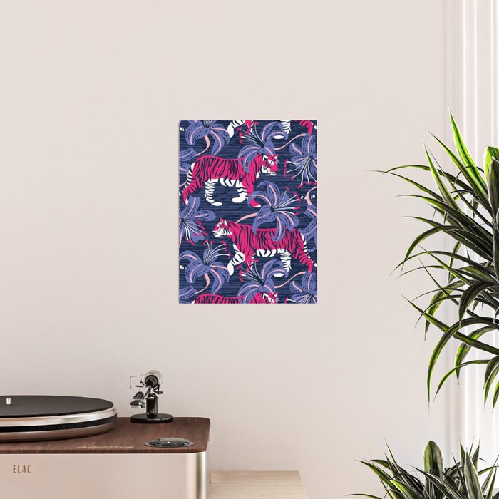 Tigers in a tiger lily garden // textured navy blue background fuchsia pink wild animals very peri flowers Poster Gallery Image 2
