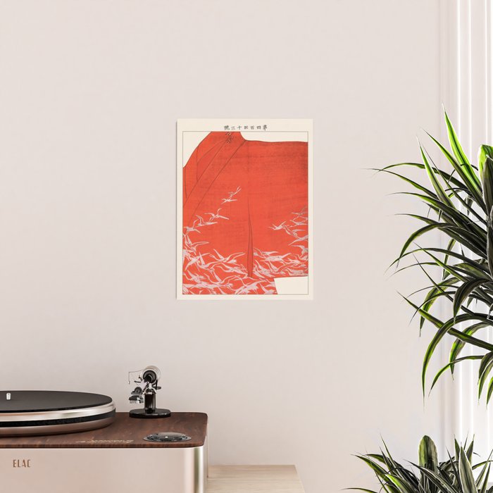 Japanese Cranes on Red Kimono Seiko Ueno Japandi Minimalist Asian Woodblock Inspired Design Poster Gallery Image 2