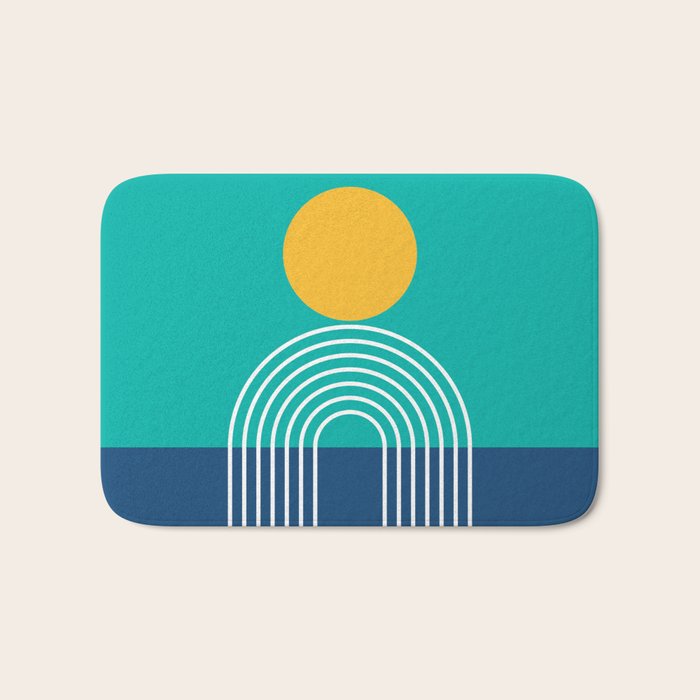 Geometric Lines in Blue Teal Yellow (Sun and Rainbow abstraction) Bath Mat Gallery Image 1