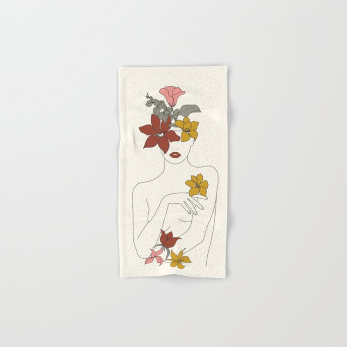 Colorful Thoughts Minimal Line Art Woman with Flowers IV  Bath Towel Gallery Image 1