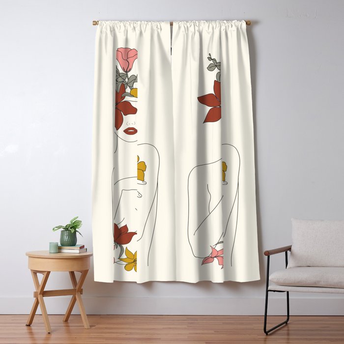 Colorful Thoughts Minimal Line Art Woman with Flowers IV  Window Curtain Gallery Image 1