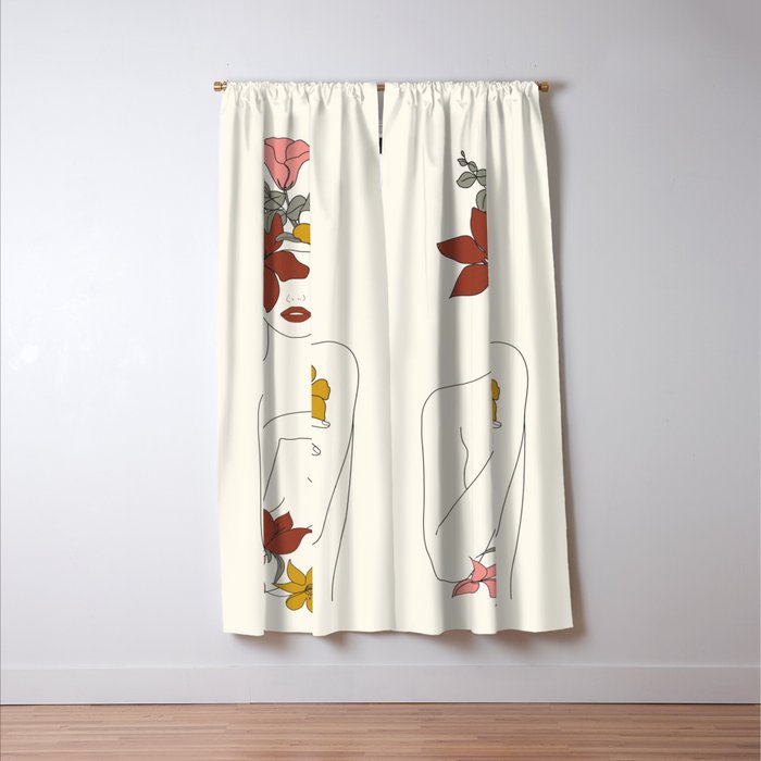 Colorful Thoughts Minimal Line Art Woman with Flowers IV  Window Curtain Gallery Image 3