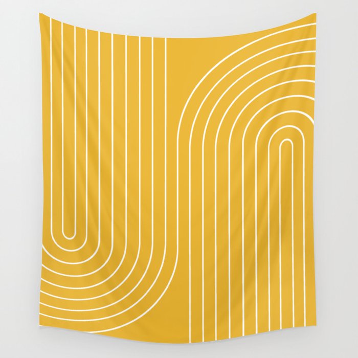 Minimal Line Curvature VIII Golden Yellow Mid Century Modern Arch Abstract Wall Tapestry Gallery Image 1