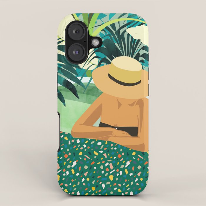 Chill, Modern Bohemian Black Woman Travel Illustration | Terrazzo Tropical Swimming Pool Fashion iPhone Case Gallery Image 1