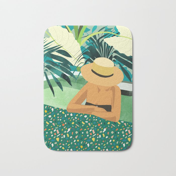 Chill, Modern Bohemian Black Woman Travel Illustration | Terrazzo Tropical Swimming Pool Fashion Bath Mat Gallery Image 1