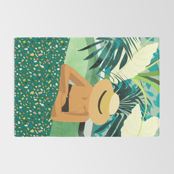Chill, Modern Bohemian Black Woman Travel Illustration | Terrazzo Tropical Swimming Pool Fashion Rug Gallery Image 2