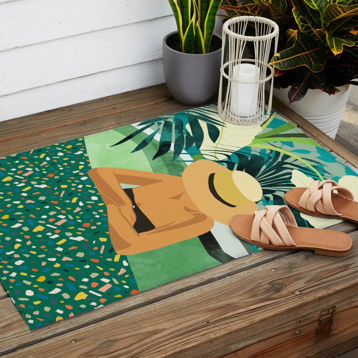 Chill, Modern Bohemian Black Woman Travel Illustration | Terrazzo Tropical Swimming Pool Fashion Outdoor Rug Gallery Image 2