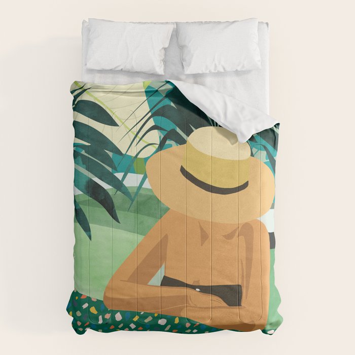 Chill, Modern Bohemian Black Woman Travel Illustration | Terrazzo Tropical Swimming Pool Fashion Comforter Gallery Image 6