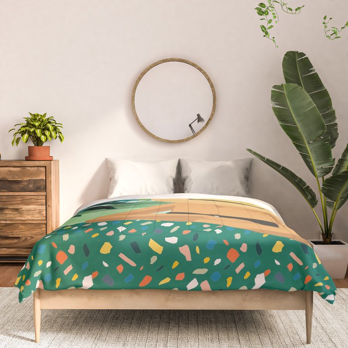 Chill, Modern Bohemian Black Woman Travel Illustration | Terrazzo Tropical Swimming Pool Fashion Comforter Gallery Image 3