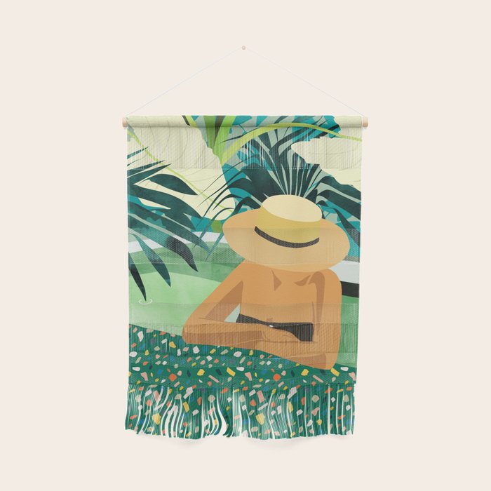 Chill, Modern Bohemian Black Woman Travel Illustration | Terrazzo Tropical Swimming Pool Fashion Wall Hanging Gallery Image 1