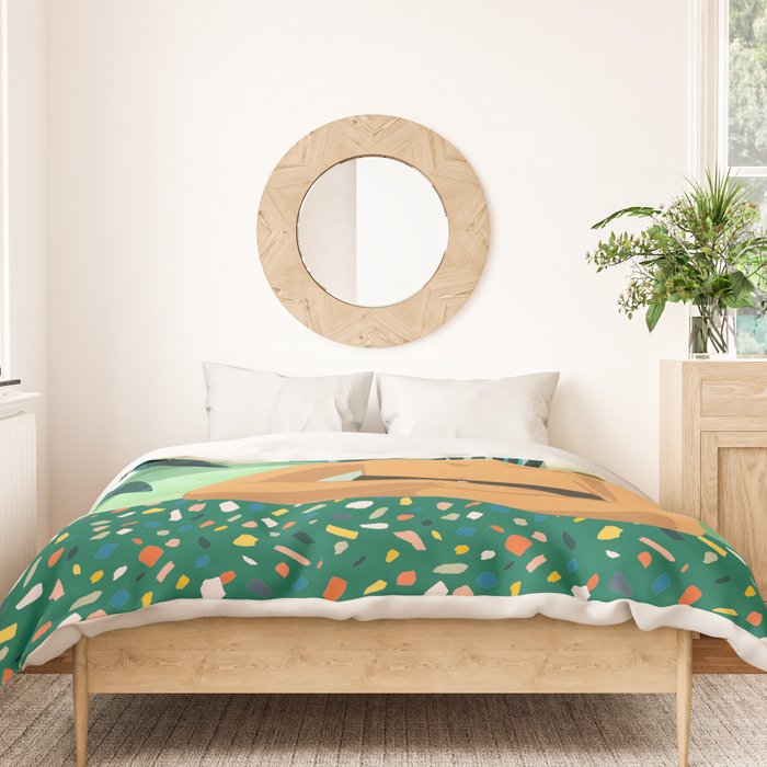 Chill, Modern Bohemian Black Woman Travel Illustration | Terrazzo Tropical Swimming Pool Fashion Duvet Cover Gallery Image 3