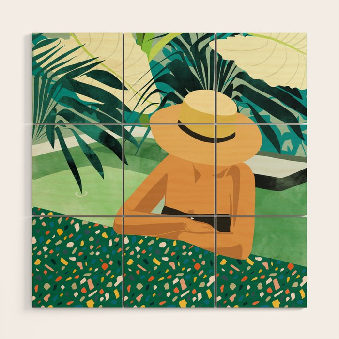 Chill, Modern Bohemian Black Woman Travel Illustration | Terrazzo Tropical Swimming Pool Fashion Wood Wall Art Gallery Image 1