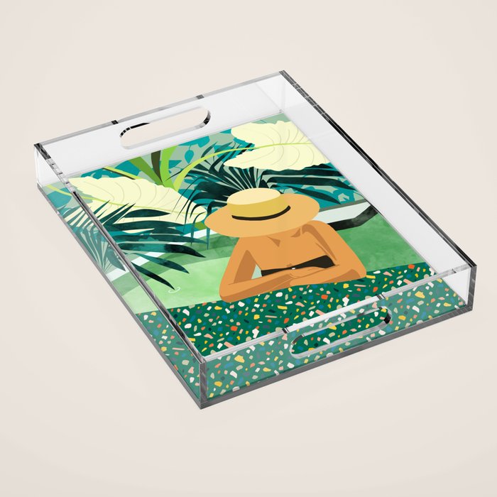 Chill, Modern Bohemian Black Woman Travel Illustration | Terrazzo Tropical Swimming Pool Fashion Acrylic Tray Gallery Image 1