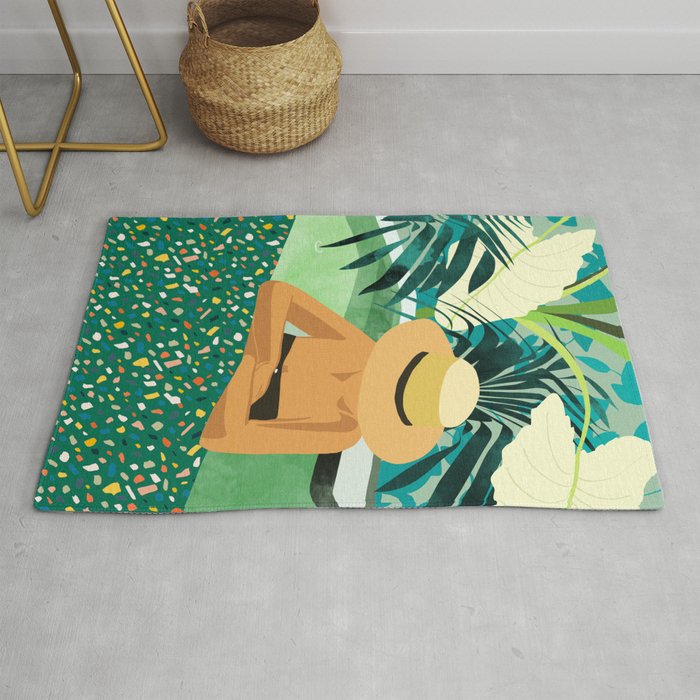 Chill, Modern Bohemian Black Woman Travel Illustration | Terrazzo Tropical Swimming Pool Fashion Rug Gallery Image 1