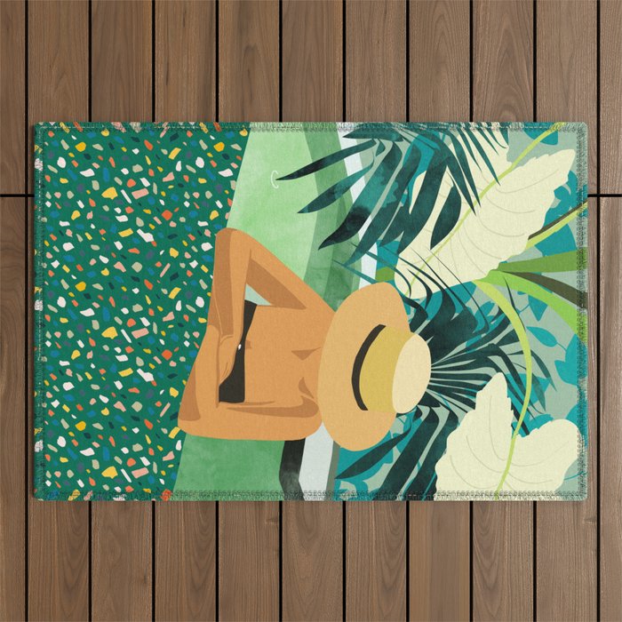 Chill, Modern Bohemian Black Woman Travel Illustration | Terrazzo Tropical Swimming Pool Fashion Outdoor Rug Gallery Image 1