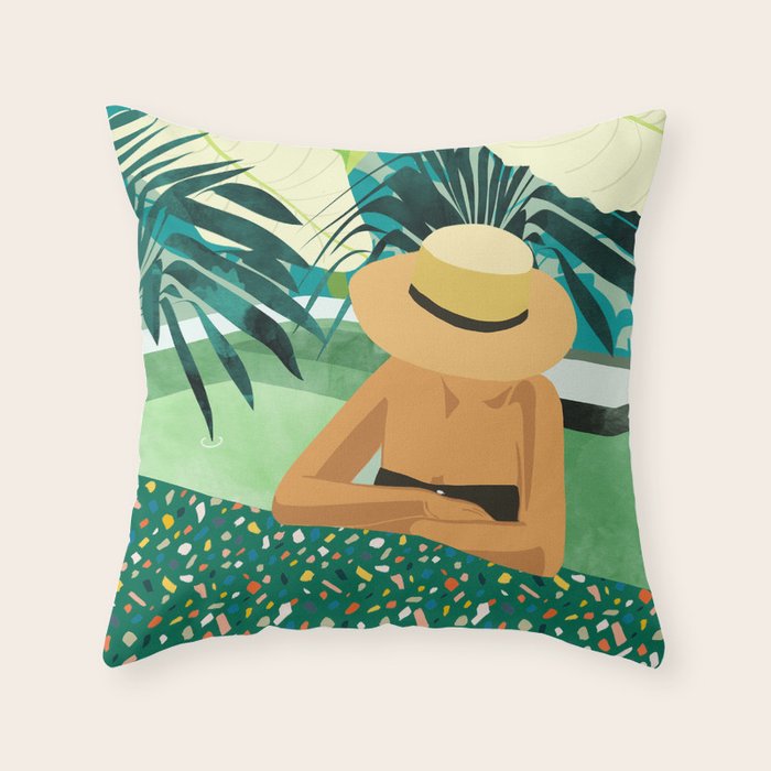 Chill, Modern Bohemian Black Woman Travel Illustration | Terrazzo Tropical Swimming Pool Fashion Throw Pillow Gallery Image 6