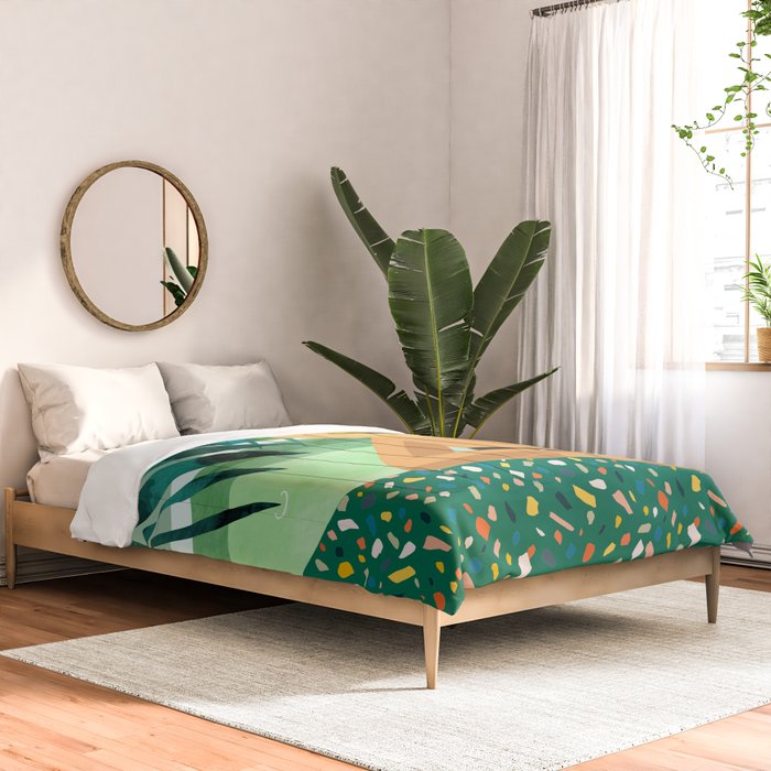 Chill, Modern Bohemian Black Woman Travel Illustration | Terrazzo Tropical Swimming Pool Fashion Comforter Gallery Image 2