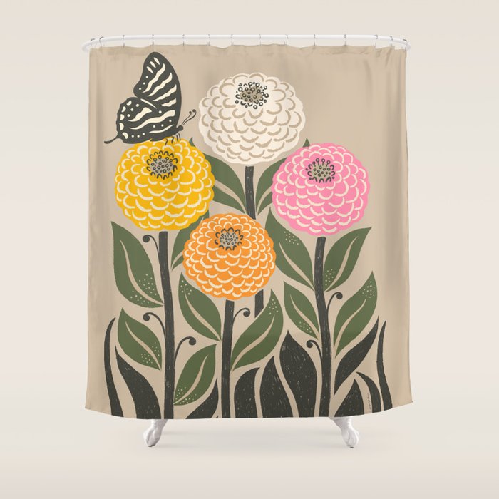 Bloom Wildly - Colorful Zinnia Flowers and Butterfly Shower Curtain Gallery Image 1
