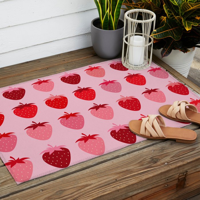 Les Fraises | 01 - Fruit Print Pink And Red Strawberry Preppy Modern Decor Abstract Strawberries Outdoor Rug Gallery Image 2