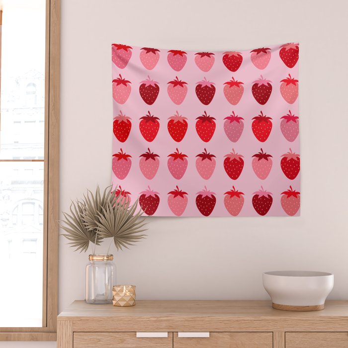 Les Fraises | 01 - Fruit Print Pink And Red Strawberry Preppy Modern Decor Abstract Strawberries Wall Tapestry Gallery Image 2