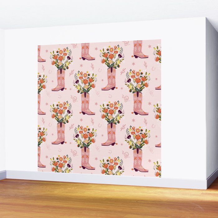Western Floral Cowboy Boots Pattern Wall Mural Gallery Image 2