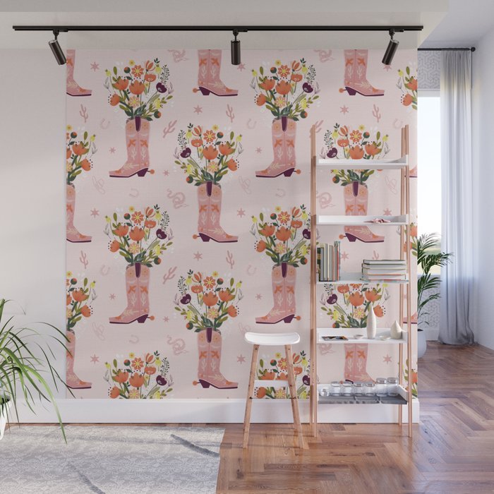 Western Floral Cowboy Boots Pattern Wall Mural Gallery Image 1