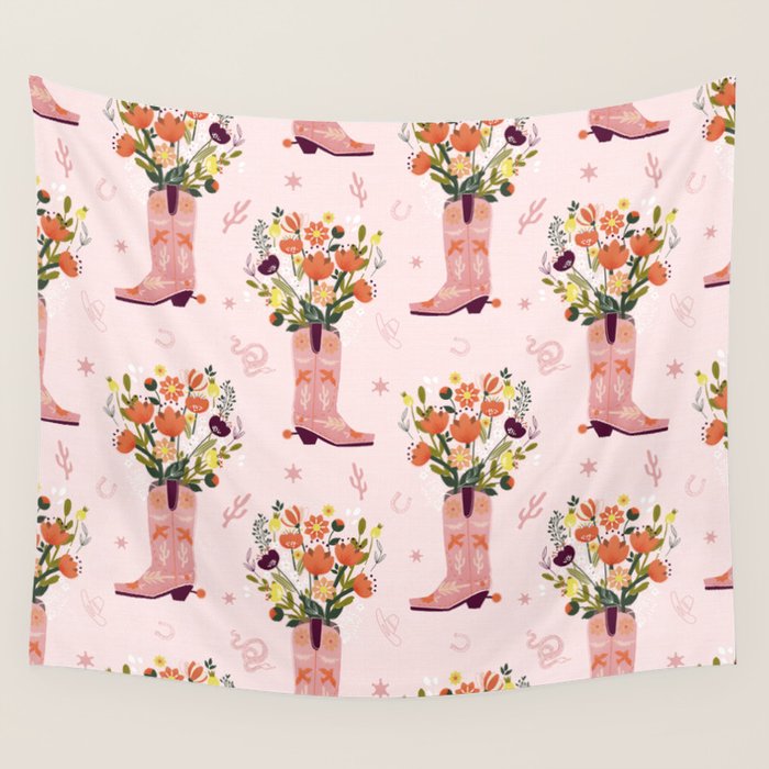 Western Floral Cowboy Boots Pattern Wall Tapestry Gallery Image 4