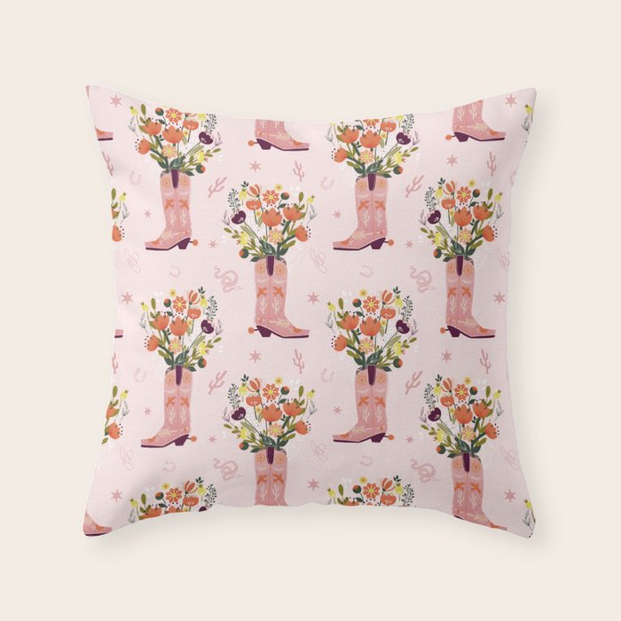 Western Floral Cowboy Boots Pattern Throw Pillow Gallery Image 1