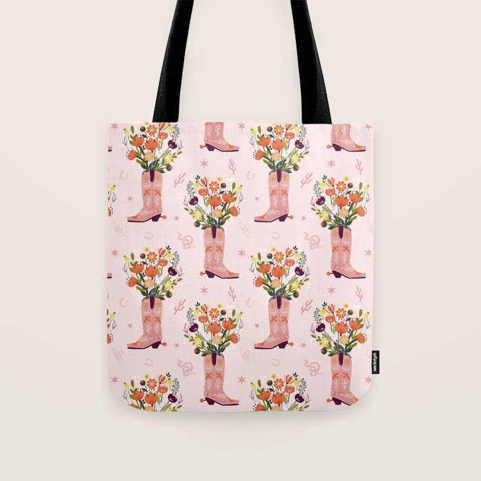 Western Floral Cowboy Boots Pattern Tote Bag Gallery Image 1
