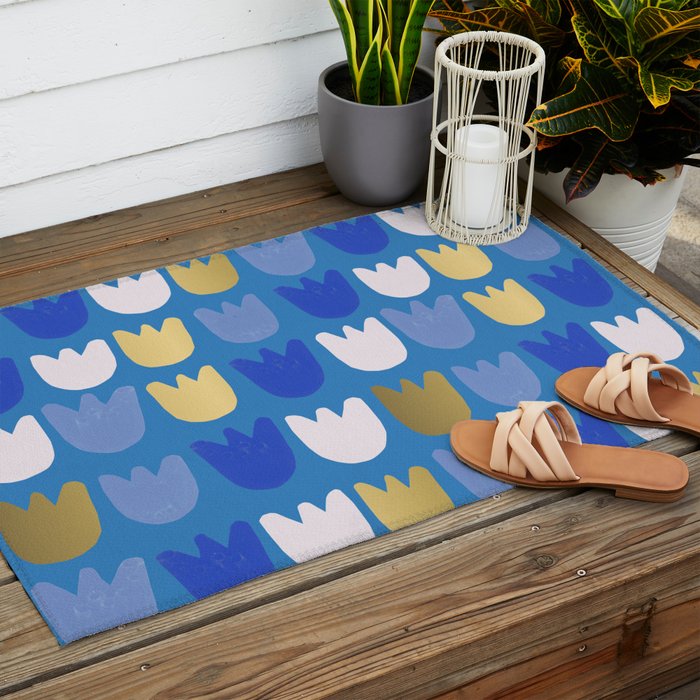 Rows of Tulips in Bloom in Navy Blue & Gold Metallic Outdoor Rug Gallery Image 2