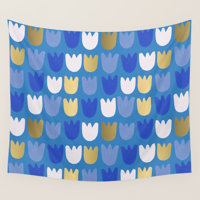 Rows of Tulips in Bloom in Navy Blue & Gold Metallic Wall Tapestry Gallery Image 4