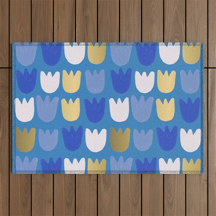 Rows of Tulips in Bloom in Navy Blue & Gold Metallic Outdoor Rug Gallery Image 1