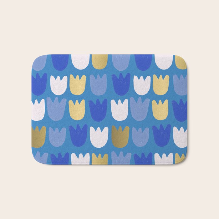Rows of Tulips in Bloom in Navy Blue & Gold Metallic Bath Mat Gallery Image 1