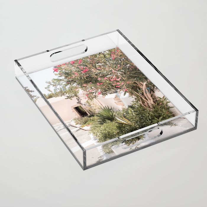 Greece Summer Scenery With Plants Photo | White Island Architecture Art Print | Europe Travel Photography Acrylic Tray Gallery Image 1