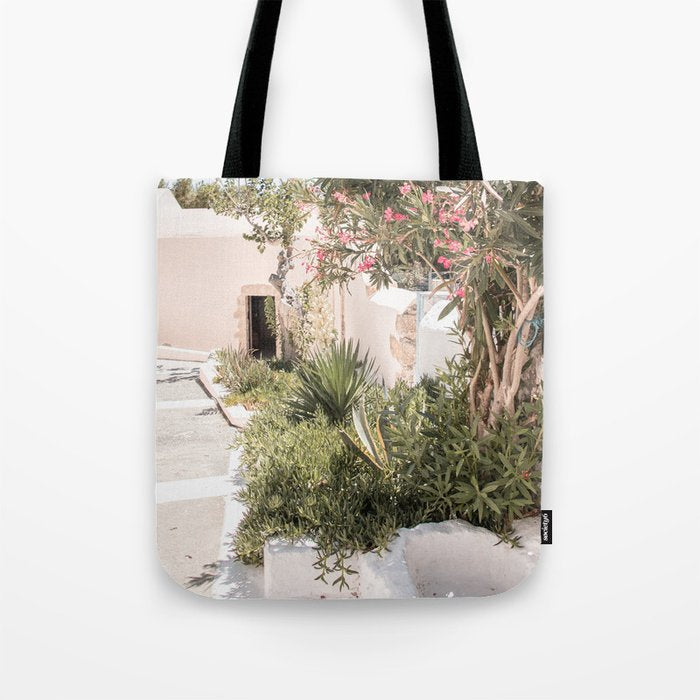 Greece Summer Scenery With Plants Photo | White Island Architecture Art Print | Europe Travel Photography Tote Bag Gallery Image 1