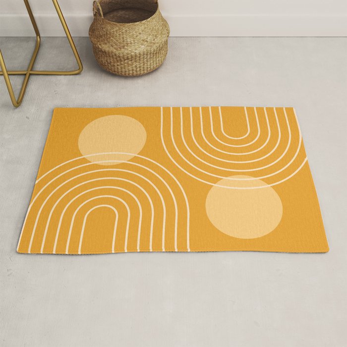 Mid Century Modern Geometric 118 in Yellow Gold Shades (Rainbow and Sun Abstraction) Rug Gallery Image 1