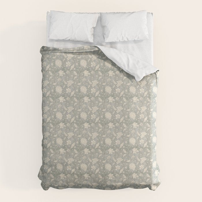 Trailing Block Print Floral - Washed Teal Duvet Cover Gallery Image 1