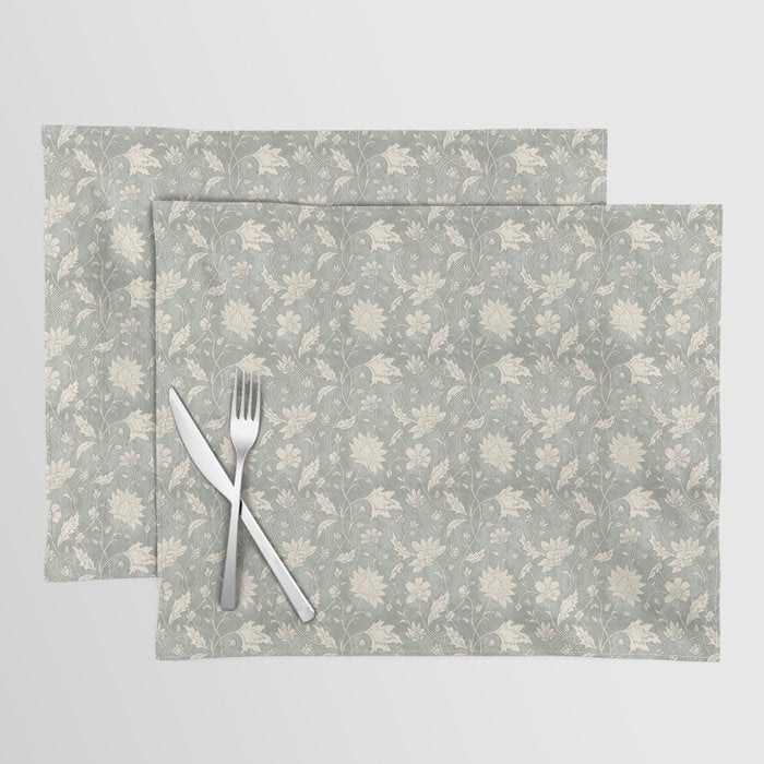 Trailing Block Print Floral - Washed Teal Placemat Gallery Image 1