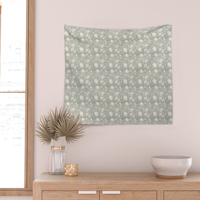 Trailing Block Print Floral - Washed Teal Wall Tapestry Gallery Image 2