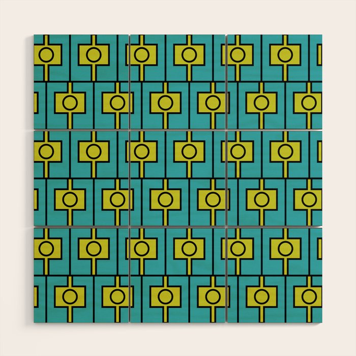 Mid Century Modern Rektangel Geometric Pattern in Turquoise and Lime Wood Wall Art Gallery Image 1