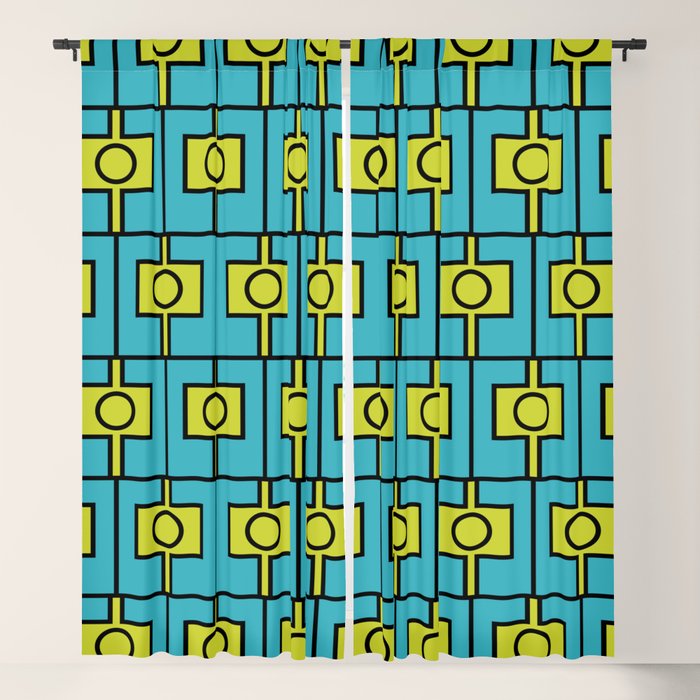 Mid Century Modern Rektangel Geometric Pattern in Turquoise and Lime Window Curtain Gallery Image 1